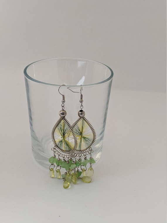 Handcrafted Thread Earrings dangle with Beads Metal Dangle Earrings  Dangling Unique Earrings Cute dangle Thread handmade For Women
