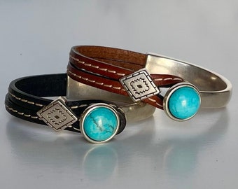 Turquoise leather bracelet, Leather cuff bracelet, turquoise jewelry, boho bracelet, turquoise cuff bracelet, boho style bracelet, mom gift