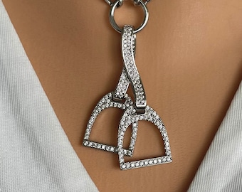 Equestrian pendant necklace, pave pendant necklace,  Equestrian stirrup necklace, Horse stirrups necklace