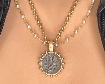 Coin Statement Necklace, Freshwater Pearl Rosary Chain, Gold Plated Rolo Chain