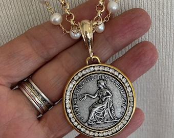 Coin statement necklace, antique coin pendant, coin necklace with pearls