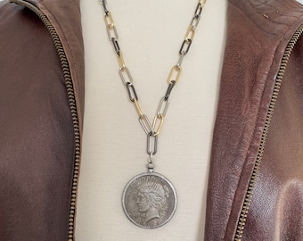 Vintage Silver Dollar Replica Necklace, Mixed Metal Paperclip Chain