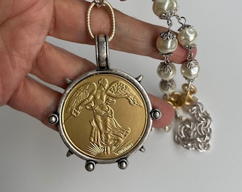 Gold coin pendant necklace, mixed metal coin necklace,  gold coin pearl necklace, gold statement necklace