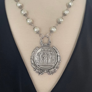 Antique reproduction coin necklace, Vintage coin necklace, French coin medal pendant,  coin necklace with pearls