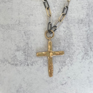 gold cross necklace on mixed metal chain, Large cross necklace
