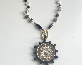 Collar colgante de monedas de oro, collar de monedas con perlas, collar de monedas vintage