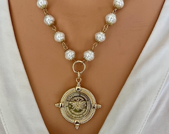 Gold French Bee Coin Pendant Necklace, Czech Pearls