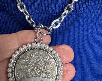 Coin pendant with Rose, silver coin necklace