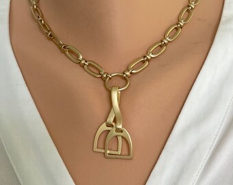 Gold equestrian necklace, horse stirrup necklace