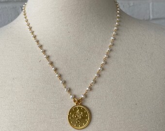 Small gold  coin pendant on handmade pearl beaded chain.