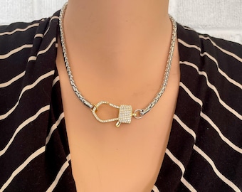 Two tone necklace, mixed metal necklace, pave clasp necklace