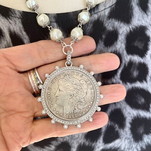 Silver dollar reproduction coin necklace, coin necklace with pearls,