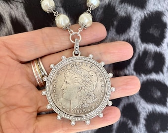 Silver dollar reproduction coin necklace, coin necklace with pearls,