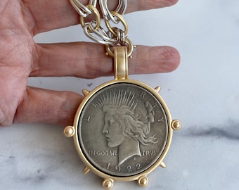 Antique Coin Pendant Necklace, Mixed Metal Chain, Handmade