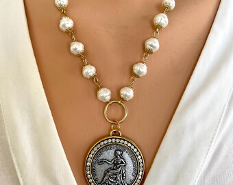 Collar de monedas vintage, collar de monedas con perlas, collar de monedas de oro