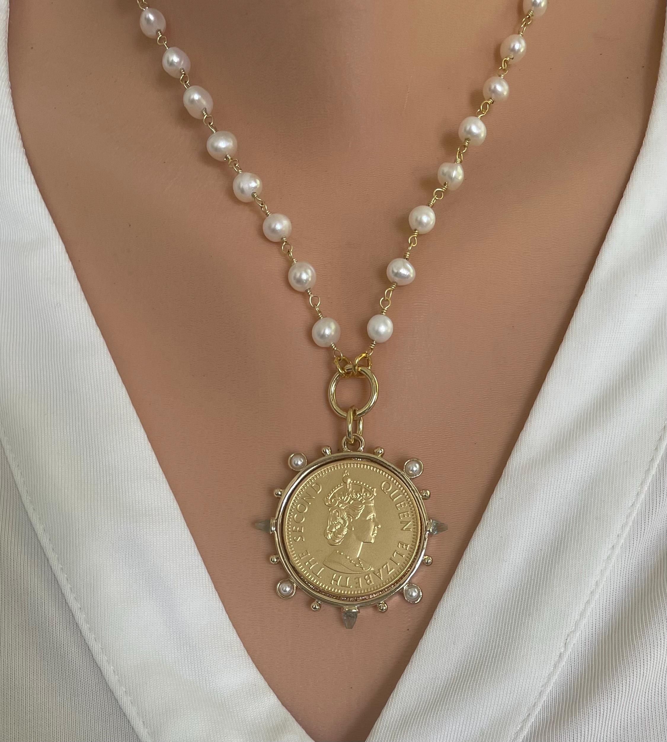 Coin pendant necklace,  vintage coin necklace,  pendant necklace with pearls, Queen Elizabeth necklace
