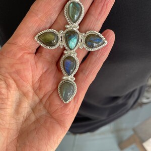 Labradorite Bracelet with Cross in Charcoal