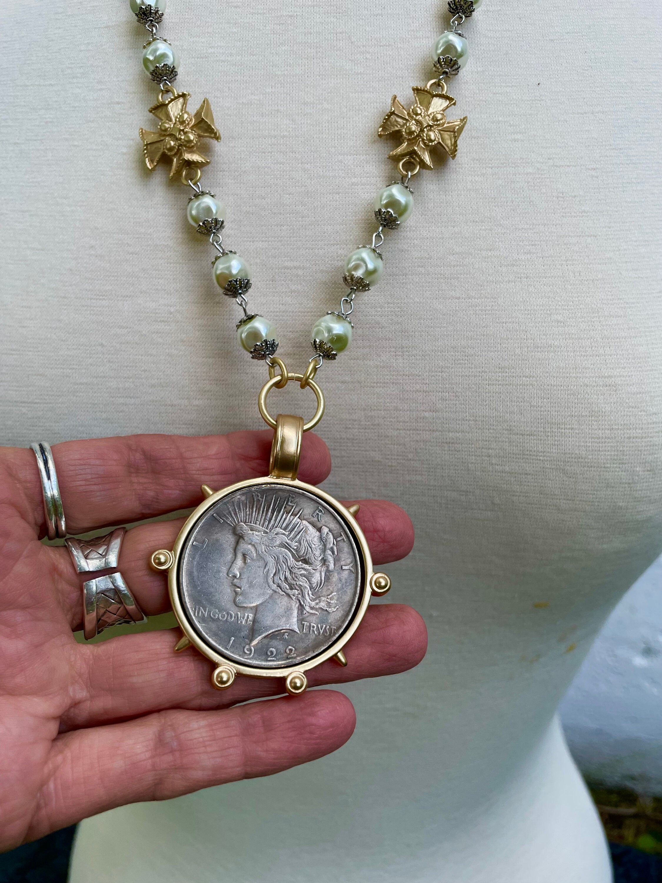 Coin Pendant Necklace, Pearl Necklace With Cross, Coin Statement
