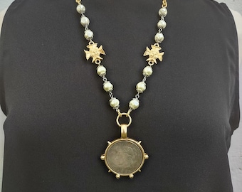 Coin pendant necklace,  Pearl necklace with cross, Coin statement necklace