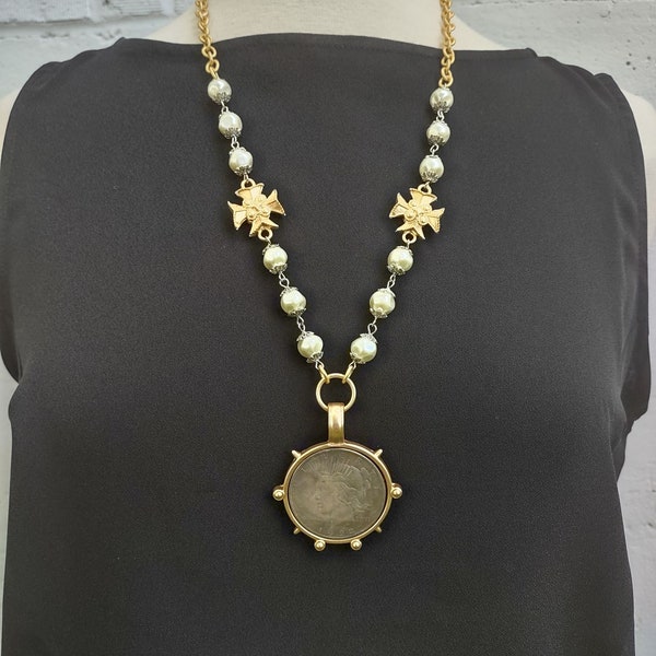 Coin pendant necklace,  Pearl necklace with cross, Coin statement necklace