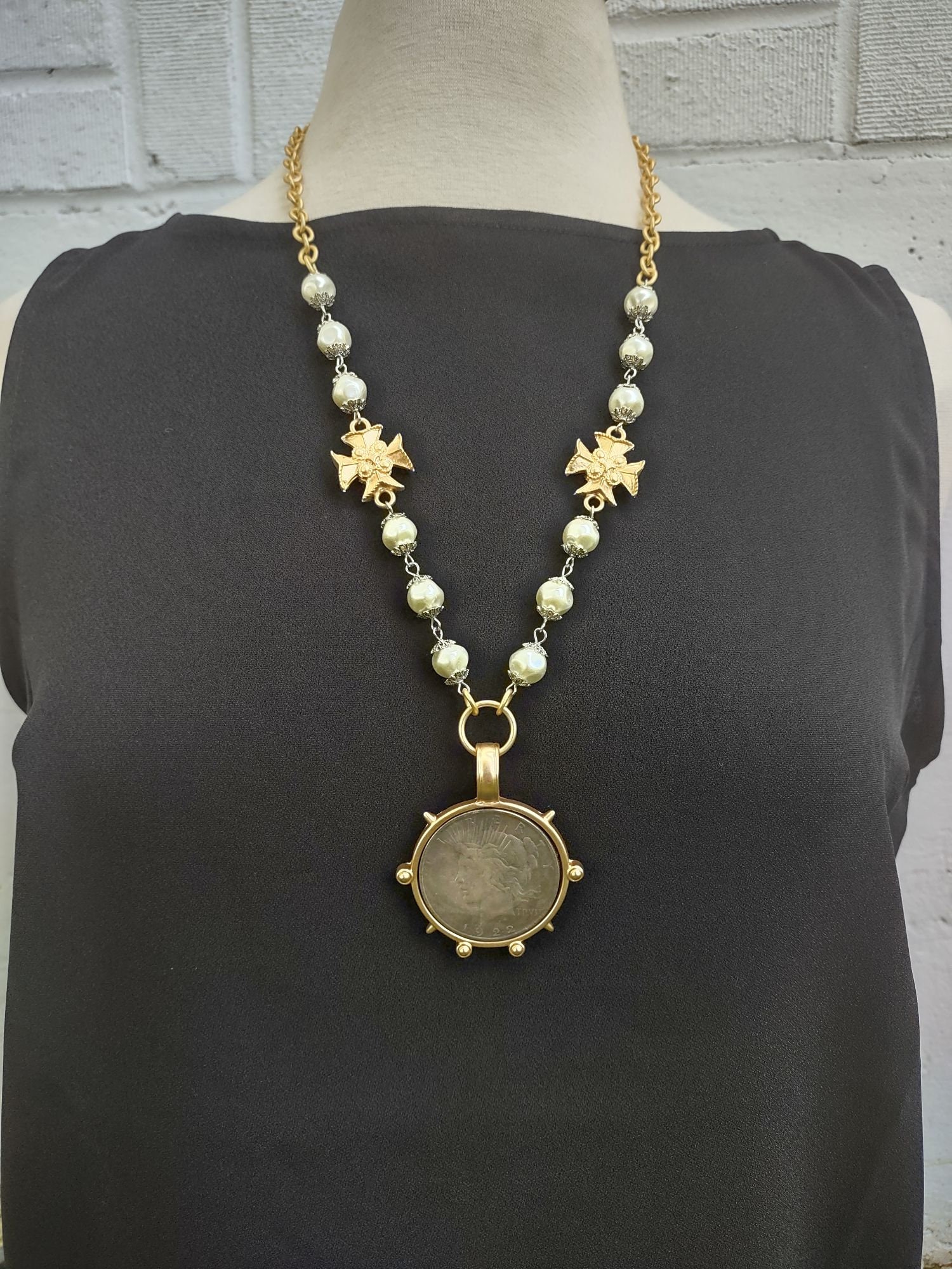 Coin Pendant Necklace, Pearl Necklace With Cross, Coin Statement