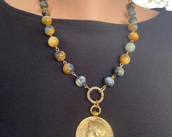French coin necklace, tiger eye necklace, gold statement necklace, coin pendant necklace