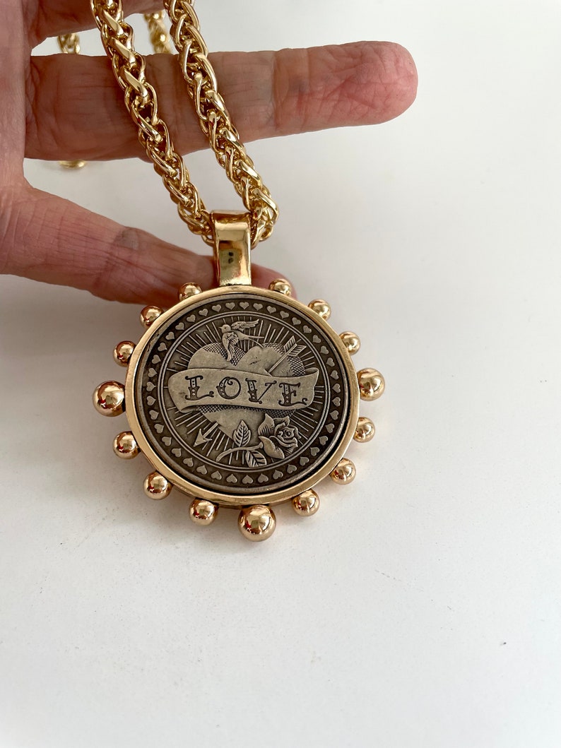 Gold Coin Pendant Necklace, Love N Hate Pendant, Gold Statement ...