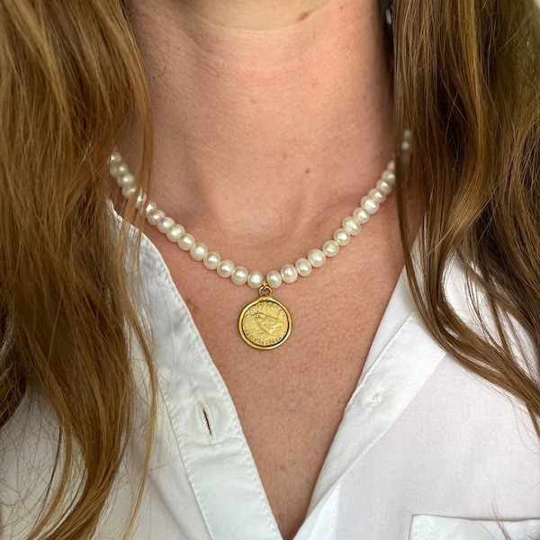 Pearl necklace, gold coin necklace, pearl coin necklace, pearl necklace with coin, British farthing necklace