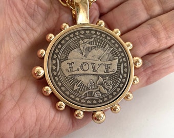 Gold coin pendant necklace, Love N Hate pendant, Gold statement necklace