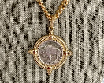 gold coin necklace, buffalo nickel coin,  coin pendant necklace, buffalo nickel coin replica