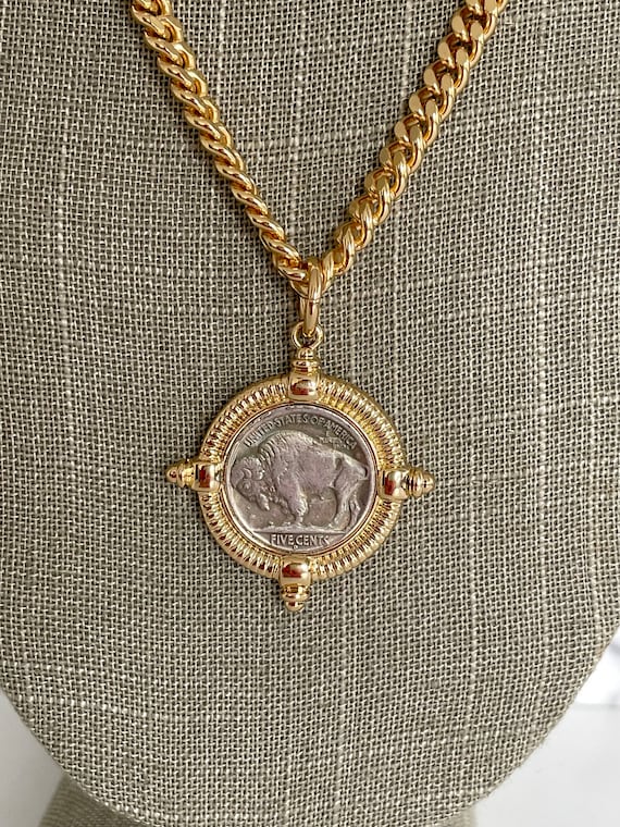 Buffalo Nickel Coin Pendant Necklace, Gold Plated Chain