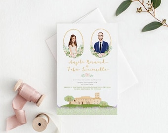 Wedding Invitation Handmade Personalized Illustration Portrait & Venue