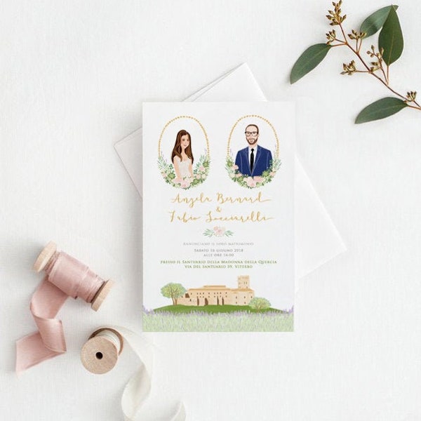 Wedding Invitation Handmade Custom Personalized Illustration Portrait & Venue