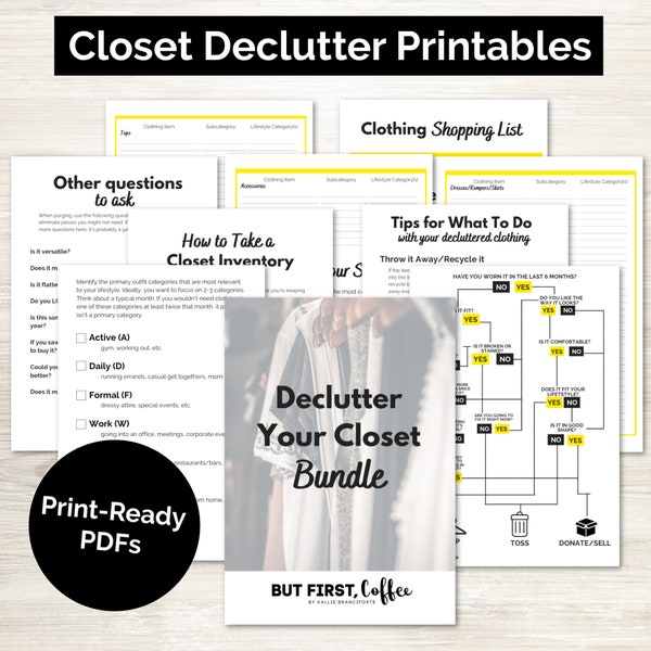 Guide de désencombrement de placard - Imprimables d'organisation de garde-robe - Organigramme de désencombrement de placard, Ensemble d'organisation de la maison