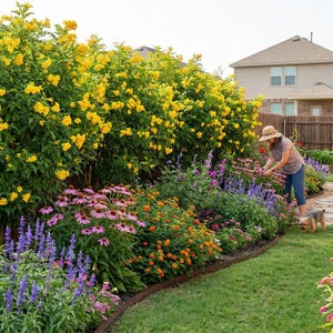 May include: A vibrant garden scene featuring a variety of colorful flowers, including yellow, purple, pink, and orange blooms. A person wearing a hat tends to the flowers, with a small dog nearby. The garden is bordered by a metal edge and a wooden fence.