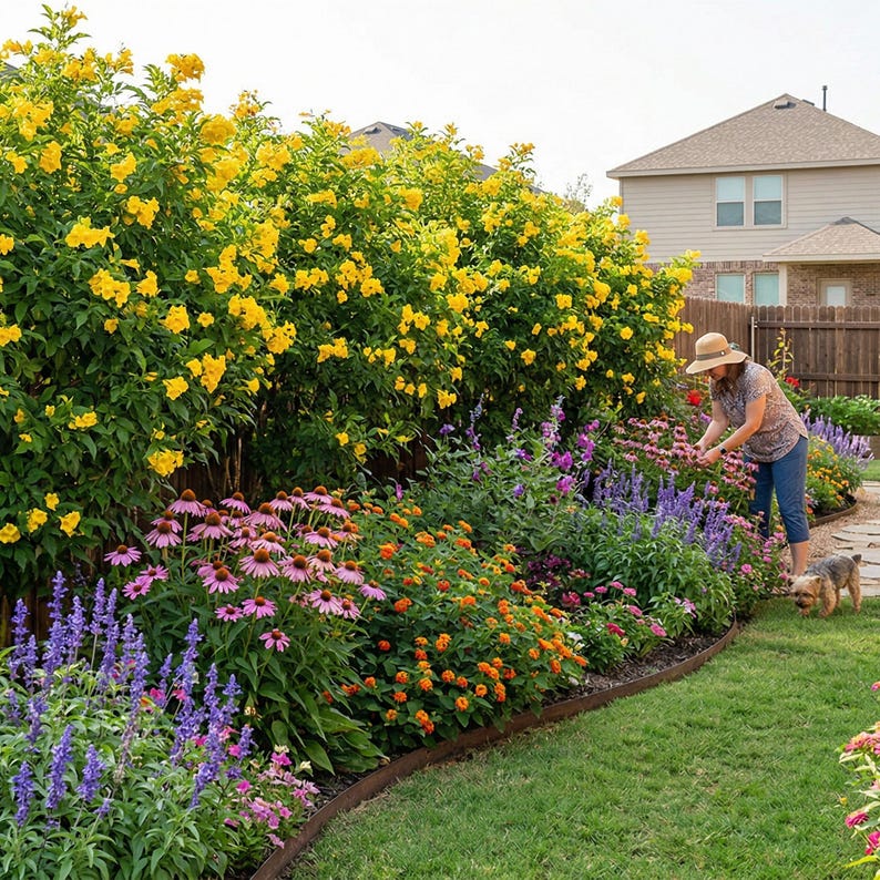 May include: A vibrant garden scene featuring a variety of colorful flowers, including yellow, purple, pink, and orange blooms. A person wearing a hat tends to the flowers, with a small dog nearby. The garden is bordered by a metal edge and a wooden fence.