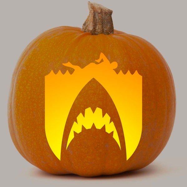 Printable Pumpkin Stencil for Carving - JAWS Shark and Swimmer Silhouette - Fun & Unique Halloween Pumpkin Pattern Template for Shark Lovers