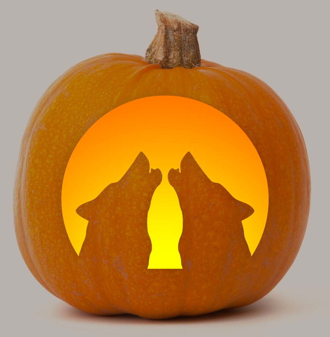 Printable Pumpkin Stencil for Carving Howling Wolves at Moon