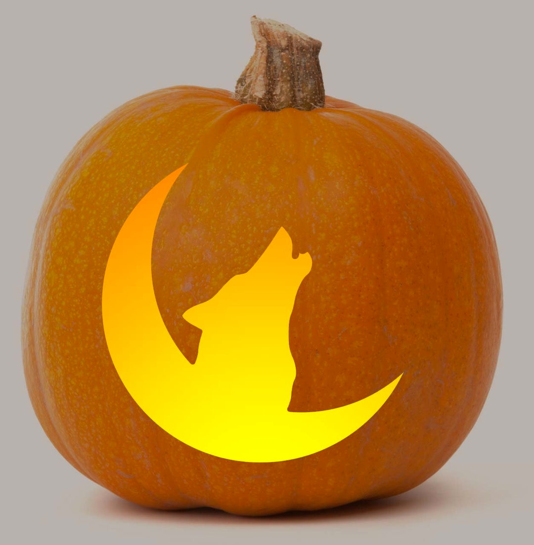 Printable Pumpkin Stencil for Carving Howling Wolf at Moon