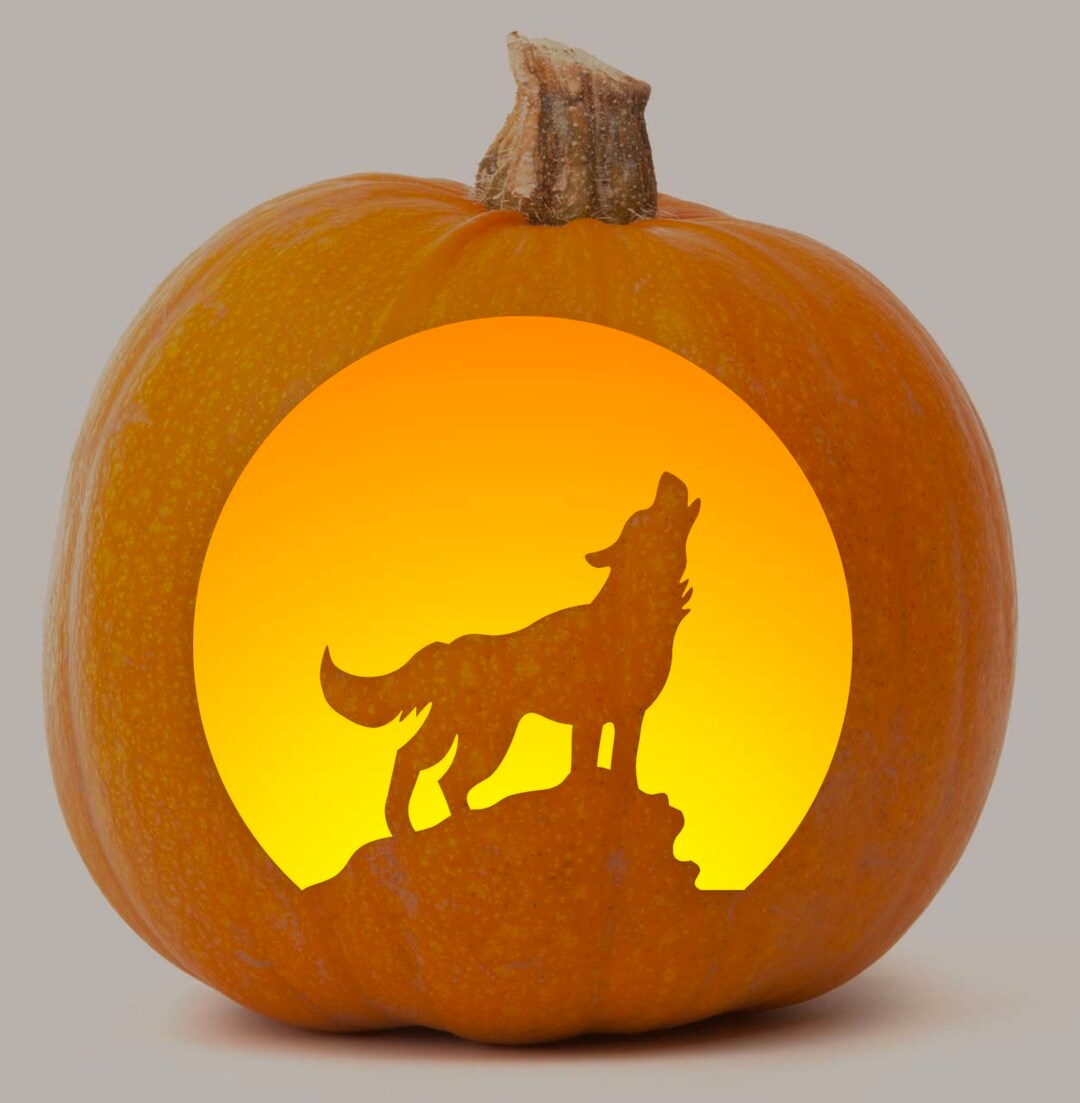 Printable Pumpkin Stencil for Carving Howling Wolf Full Moon