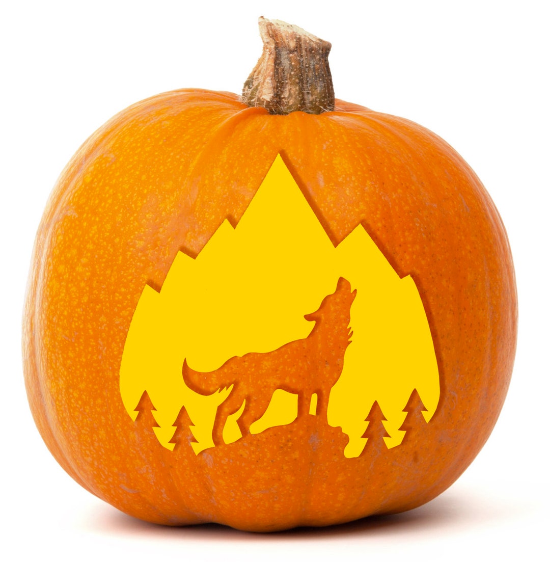 Printable Pumpkin Stencil For Carving Howling Wolf W mountain 