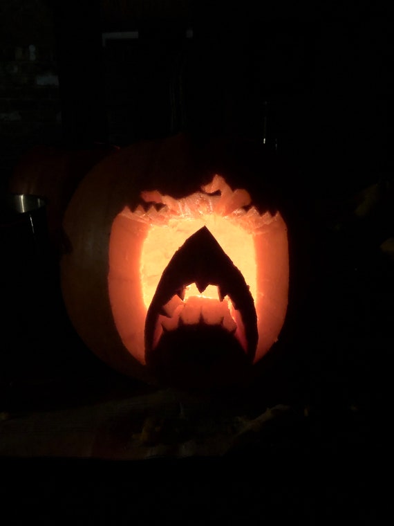 Printable Pumpkin Stencil For Carving JAWS Shark And Swimmer printable-pumpkin-stencil-for-carving-jaws-shark-and-swimmer