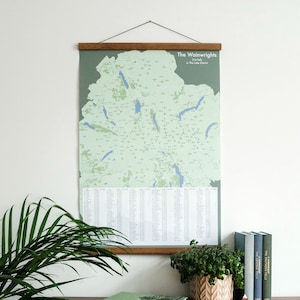 May include: A green map of The Wainwrights 214 Fells in The Lake District, hanging on a wall with a wooden frame. The map is surrounded by plants and books on a wooden shelf.