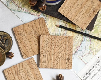 Brecon Beacons Map Coasters: laser etched maps on oak, a gift for walkers, hikers, dads & groomsmen