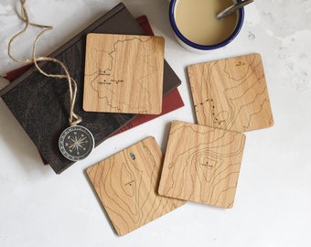 Yorkshire Three Peaks Map Coasters: laser etched maps on oak, a gift for walkers, hikers, dads & groomsmen