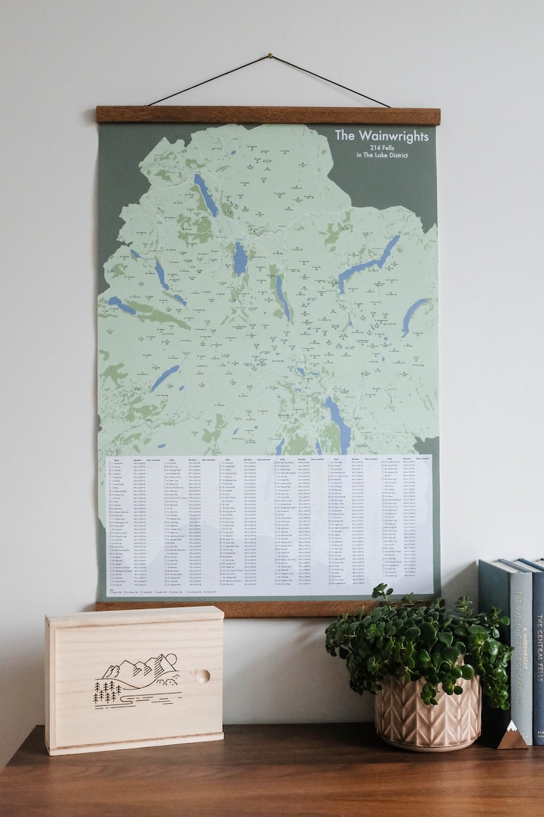 K&ouml;nnte beinhalten: Eine Holzkiste mit einer eingravierten Bergszene auf dem Deckel. Die Kiste steht auf einem Holztisch neben einer gr&uuml;nen Pflanze in einem Keramiktopf und einem Stapel B&uuml;cher. Eine gerahmte Karte des Lake District in England mit dem Titel "The Wainwrights 214 Fells in The Lake District" h&auml;ngt an der Wand hinter der Kiste.