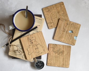 National Three Peaks Map Coasters: laser etched maps on oak, a gift for walkers, hikers, dads & groomsmen