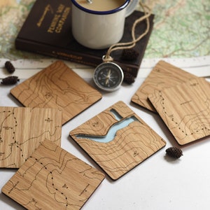 Peak District Coasters: laser etched maps on oak, a gift for walkers, hikers, dads & groomsmen image 2