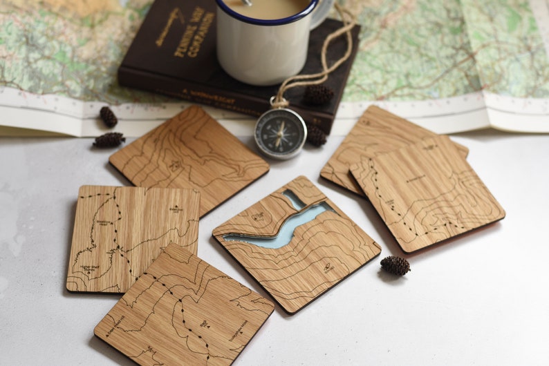 Peak District Coasters: laser etched maps on oak, a gift for walkers, hikers, dads & groomsmen image 2