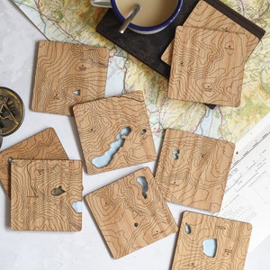 Wales, Snowdonia Coasters: laser etched maps on oak, a gift for walkers, hikers, dads & groomsmen image 1
